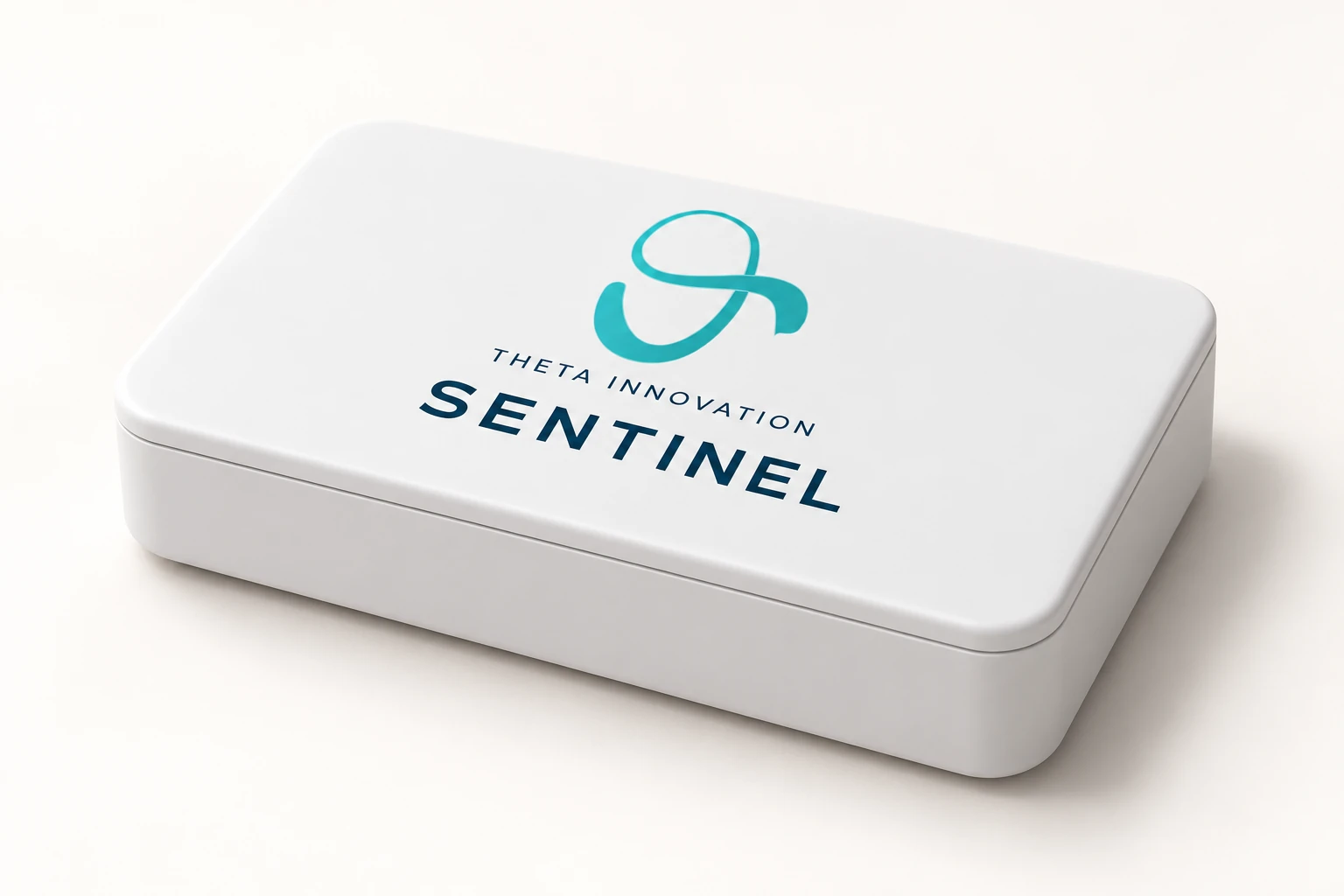 Render illustrativo provvisorio di SENTINEL, scatola bianca con marchio Theta Innovation